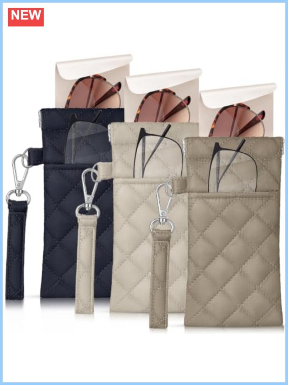 Quilted Eyeglass Pouch with Handle - 3 Pack - Squeeze Top Eyewear Case